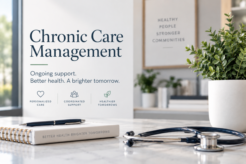 Chronic Care Management text on a desk with a notebook, pen, and stethoscope.