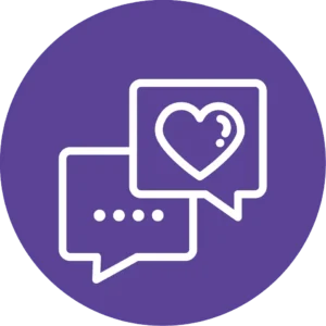 Two speech bubbles, one containing a heart icon and the other containing dots.