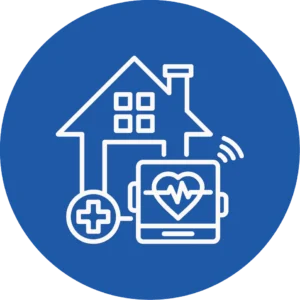 Icon of a house with a medical cross and a screen displaying a heart rate monitor.